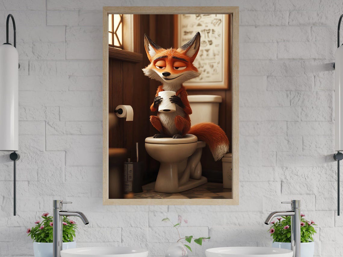 Cute Fox Sitting On Toilet Holding Toilet Paper Funny Bathroom Poster