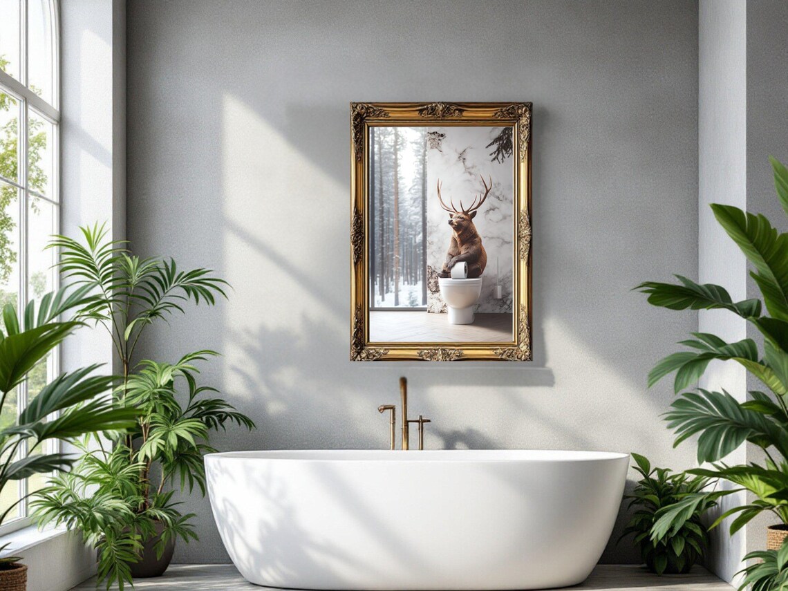 Deer Sitting on Toilet Holding Toilet Paper in a Snowy Forest Bathroom Poster - Image 3
