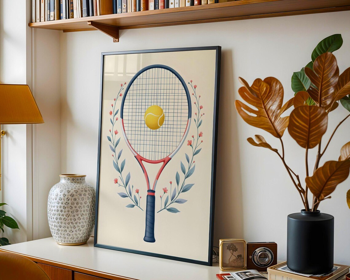 Tennis Racket with Tennis Ball and Botanical Floral Wreath Art Poster - Image 5