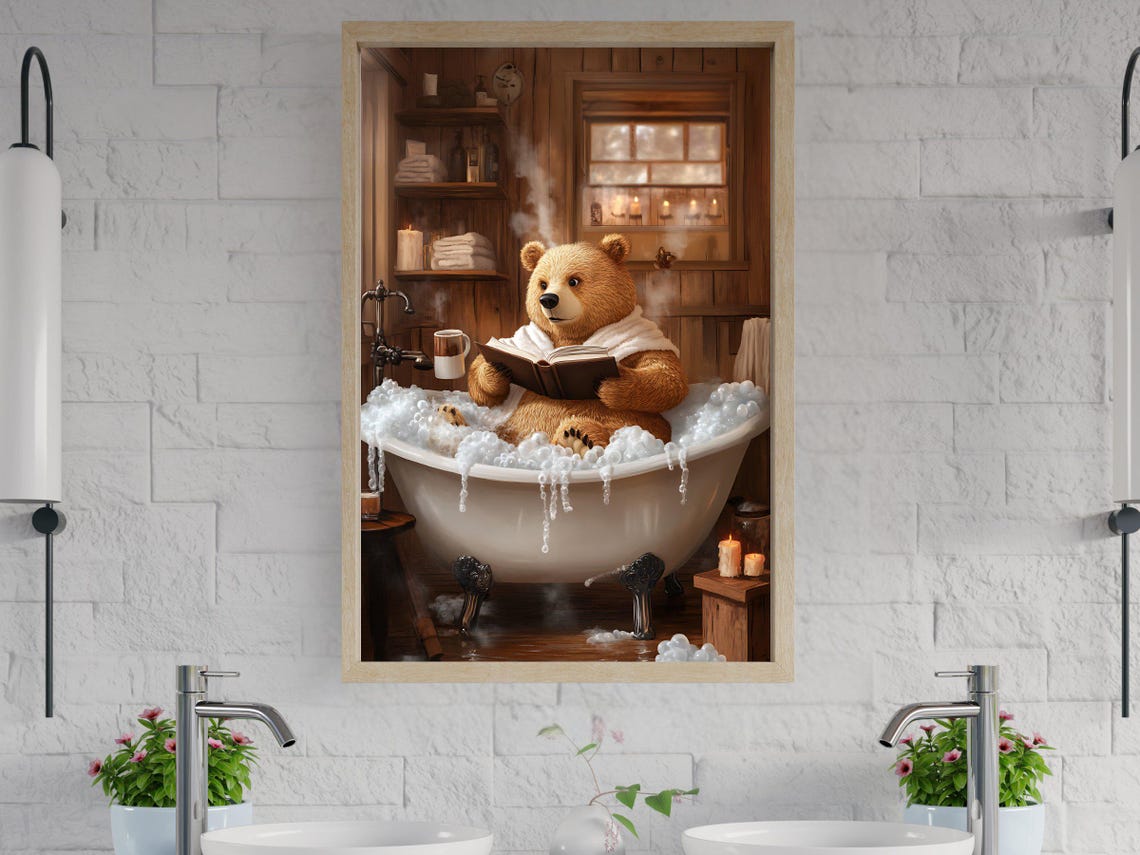 Brown Bear Reading in a Rustic Cabin Bubble Bath With Candles Poster