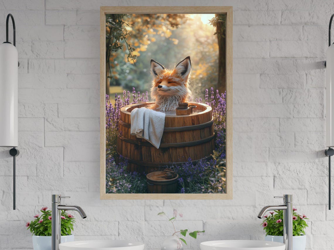 Fox Relaxing in a Wooden Barrel Tub Among Lavender Fields Poster