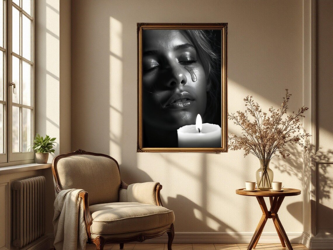 Emotional Woman With A Tear Beside A Candle Moody Portrait Poster - Image 2