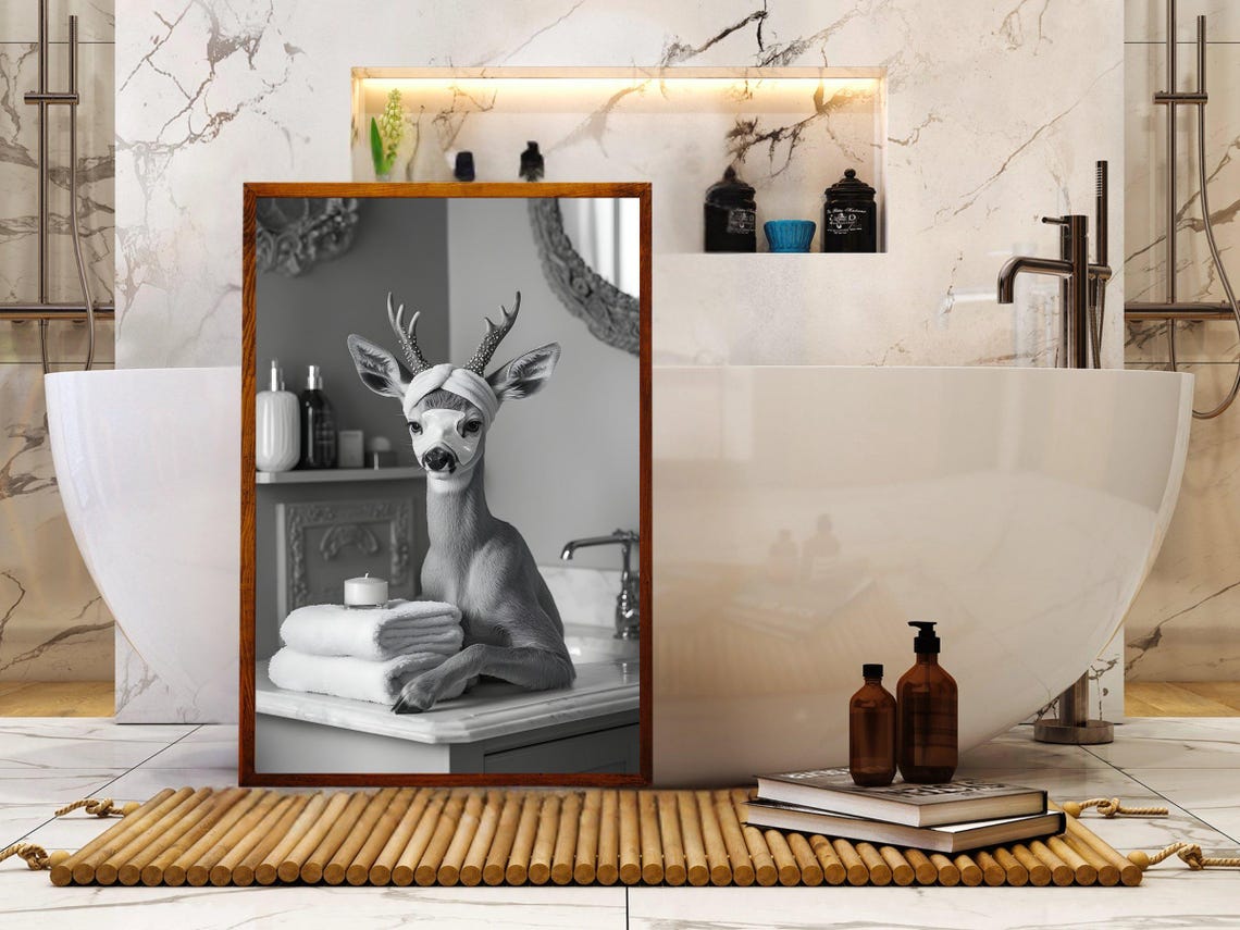 Deer Spa Day With Towel Turban Black And White Bathroom Poster - Image 5