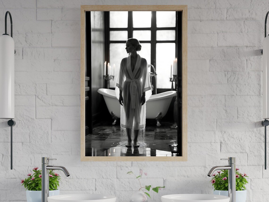 Woman in a Robe Standing in an Elegant Clawfoot Tub Bathroom Poster