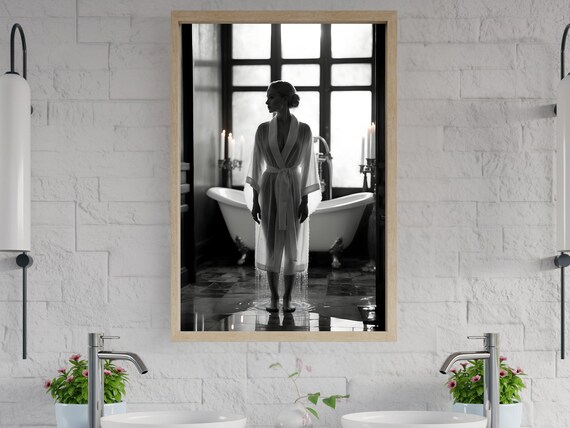 Woman in a Robe Standing in an Elegant Clawfoot Tub Bathroom Poster