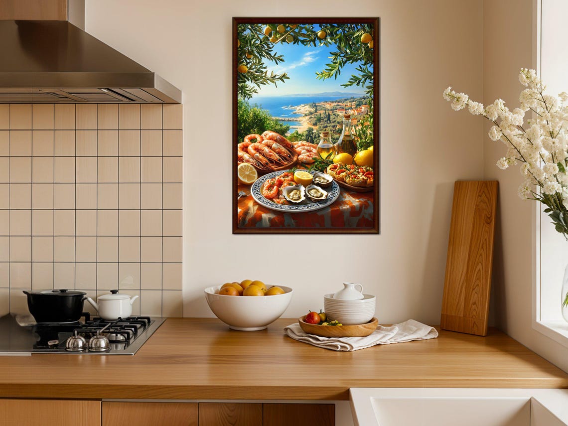 Mediterranean Seafood Feast Sunny Coastal Kitchen Dining Poster - Image 4