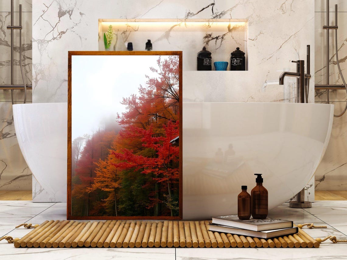 Misty Autumn Forest With Vibrant Red And Orange Fall Trees Poster - Image 4