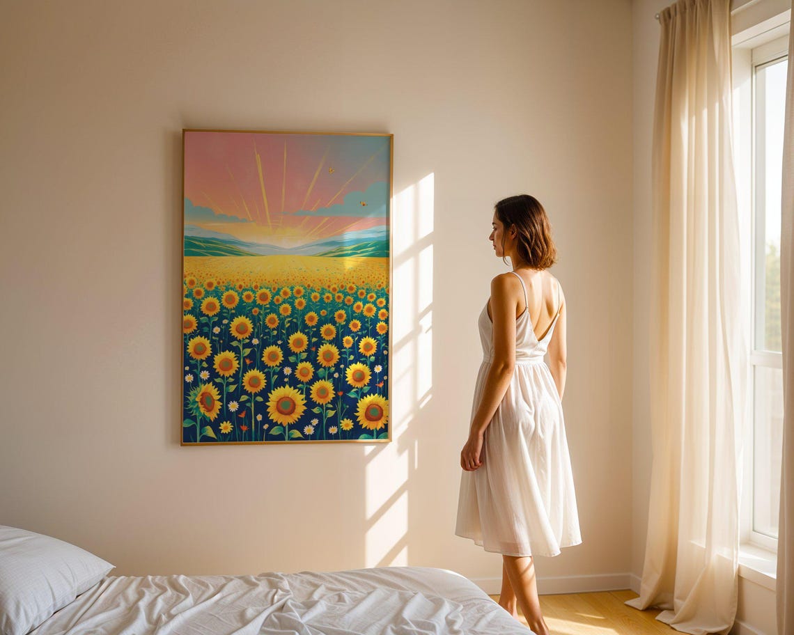 Bright Sunflower Field Sunrise Golden Morning Meadow Sky Art Print - Image 4