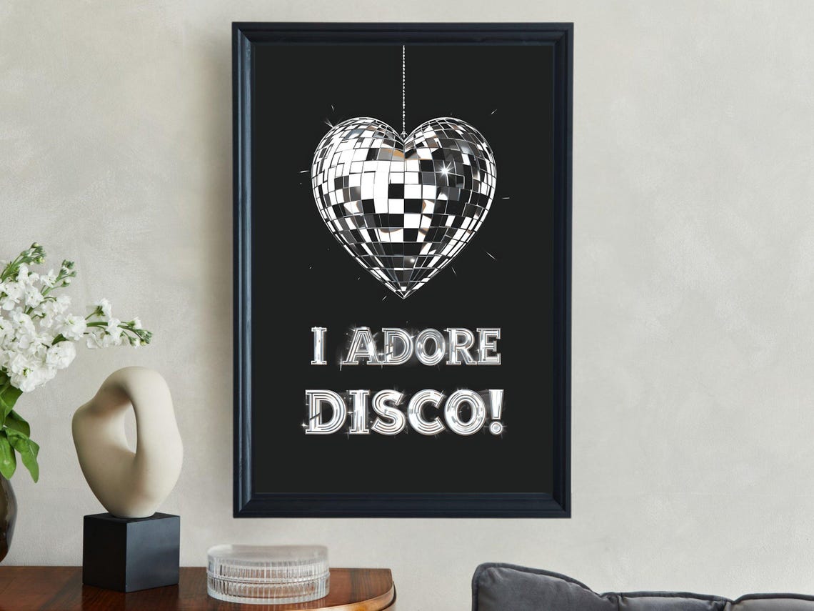 Adore Disco Heart-Shaped Mirror Ball Retro Party Dance Poster