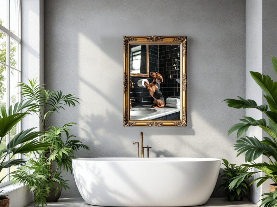 Dachshund Puppy Playing with Toilet Paper Roll on Sink Poster - Image 3