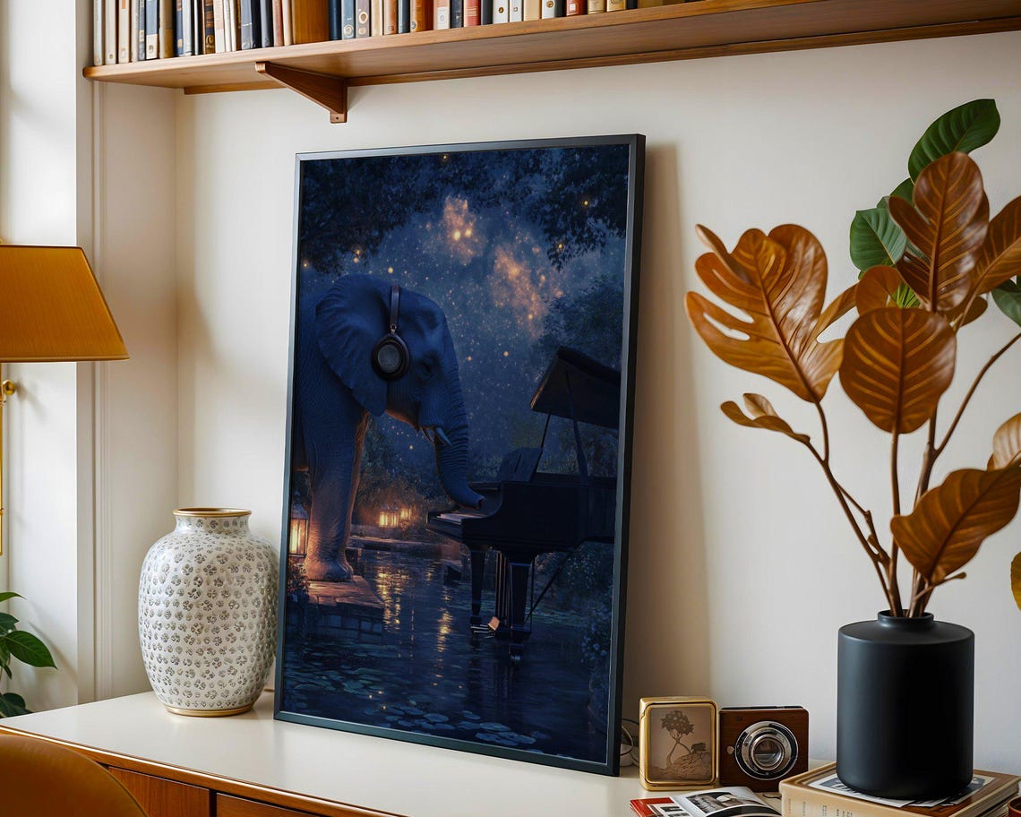 Elephant In Headphones Playing Piano Under A Starry Night Sky Poster - Image 5