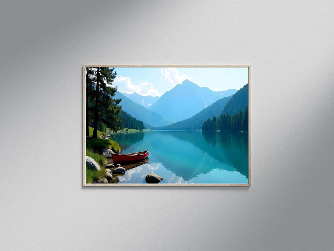 Tranquil Lake Scenic Wall Art Red Canoe Mountain Landscape Nature Photography Print Serene Outdoor Decor Adventurous Boat Artwork