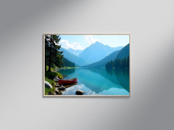Tranquil Lake Scenic Wall Art Red Canoe Mountain Landscape Nature Photography Print Serene Outdoor Decor Adventurous Boat Artwork