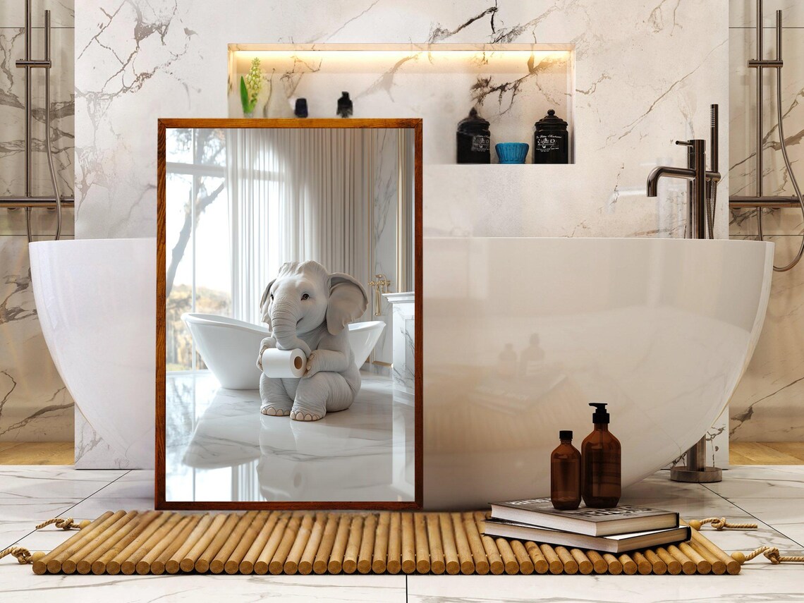 Sweet Baby Elephant Holding Toilet Paper in Marble Bathroom Poster - Image 5