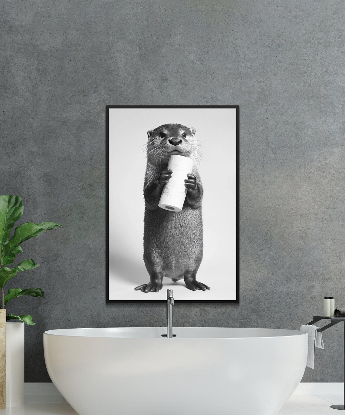 Otter Holding a Toilet Paper Roll Black and White Minimalist Poster - Image 3