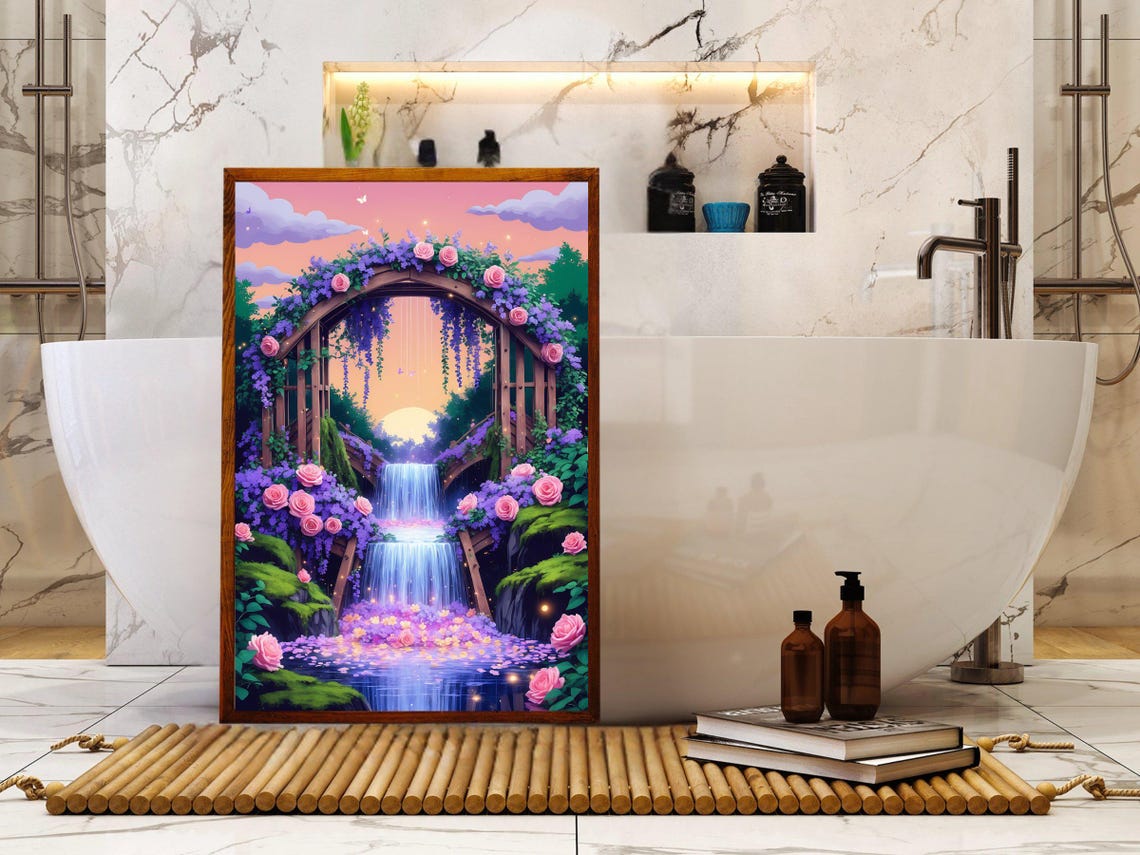 Floral Archway Waterfall Sunset Wisteria Rose Evening Art Print - Image 5