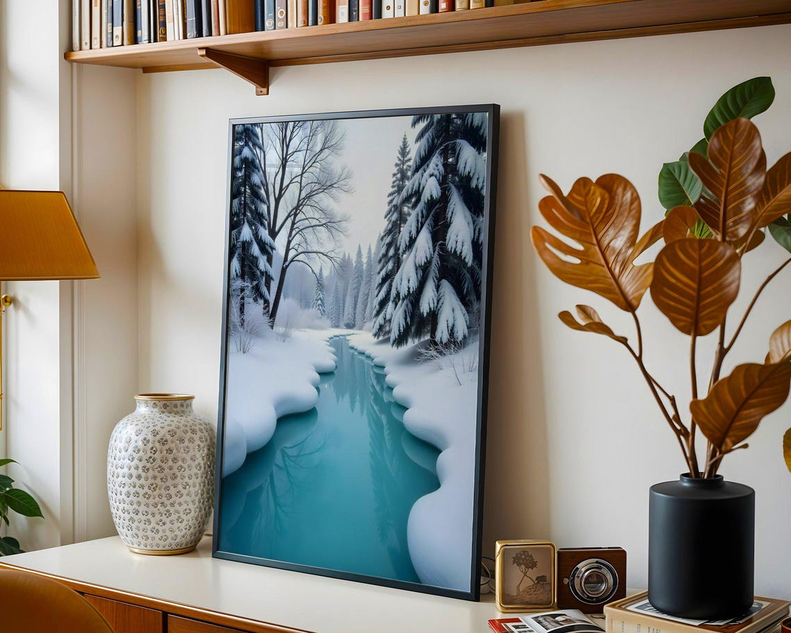 Turquoise River Winding Through Snowy Winter Forest Landscape Poster - Image 3