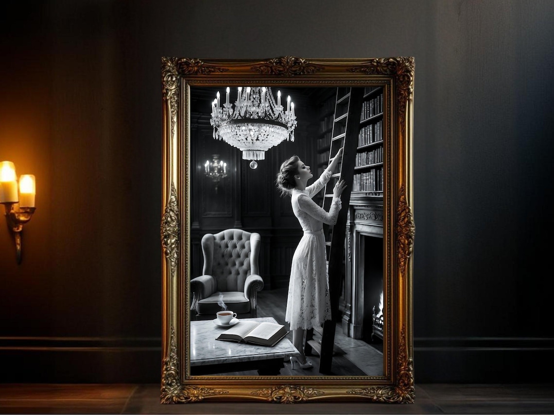 Woman in Lace Dress Climbing Library Ladder, Chandelier Poster