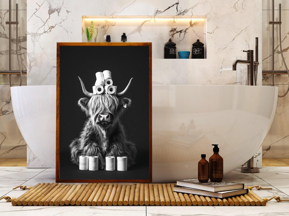 Highland Cow with Toilet Paper Rolls Balanced on Its Head Poster - Image 5