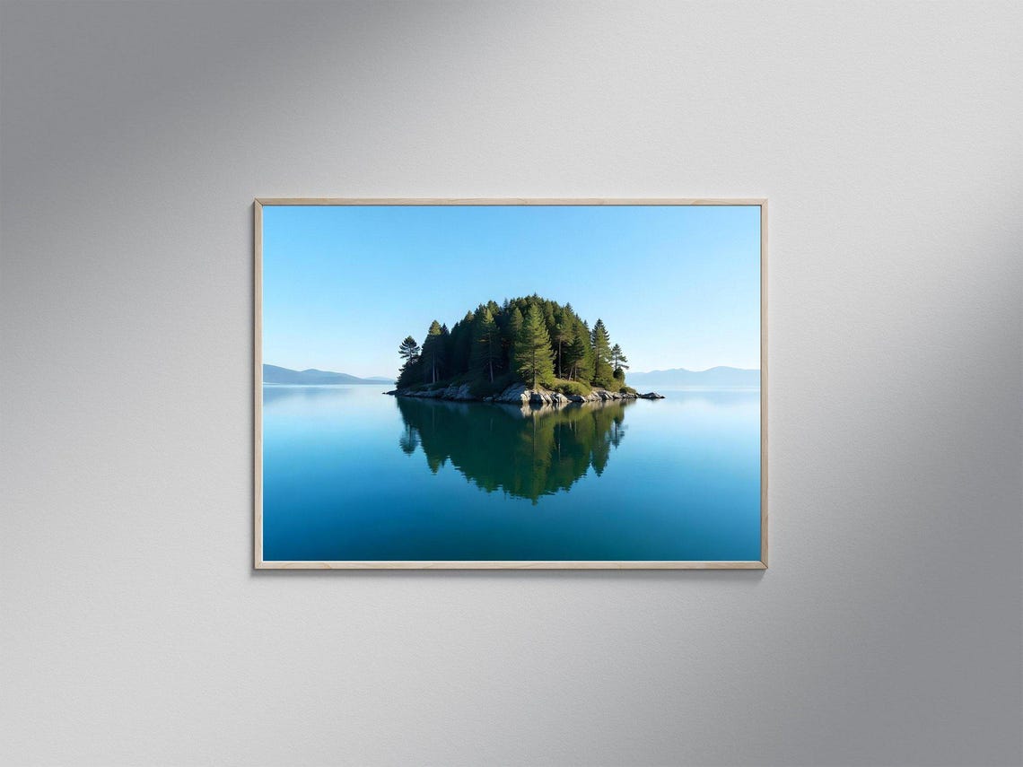 Tiny Forested Island with Mirror Reflection on a Calm Blue Lake Poster