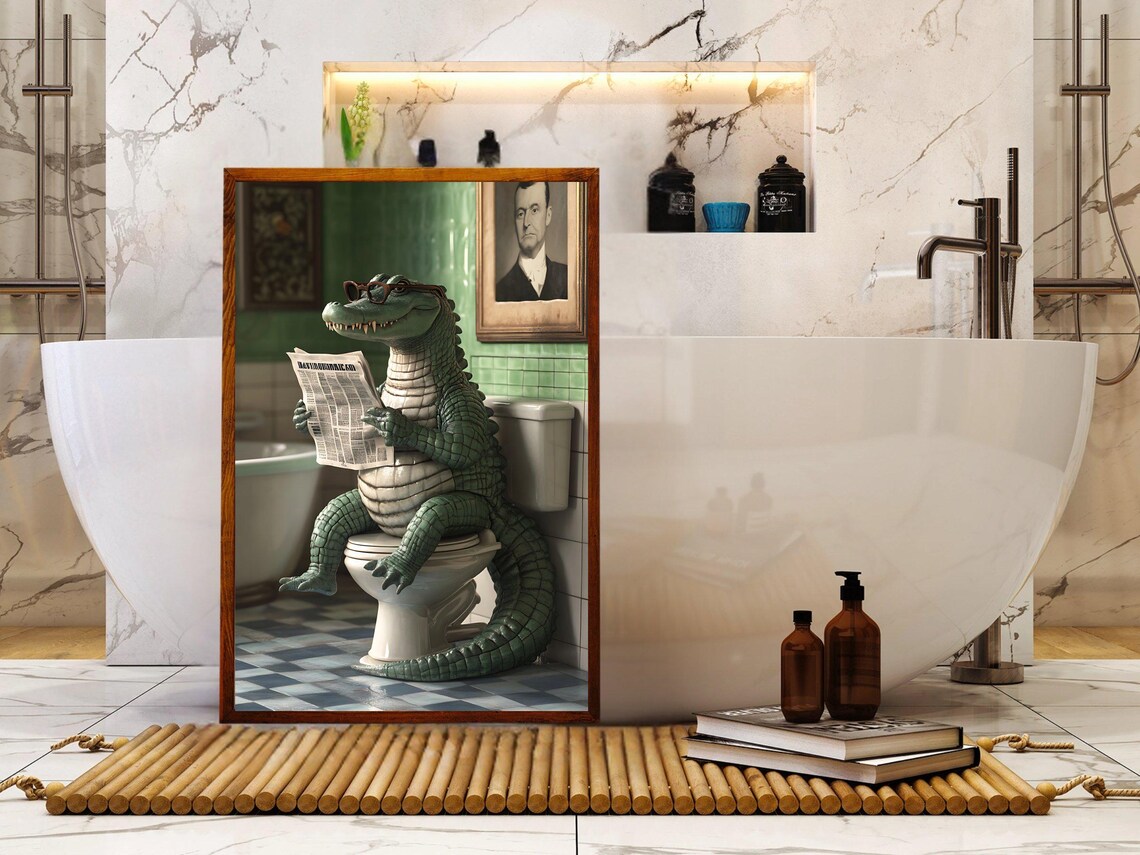 Alligator Reading Newspaper Wall Art Funny Animal Bathroom Decor Humorous Art Print For Bathroom Quirky Alligator Poster - Image 5