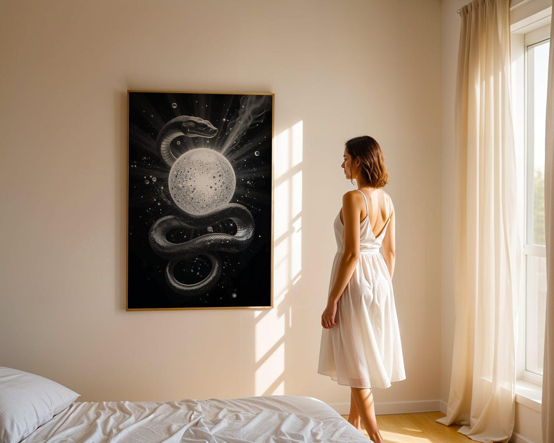 Celestial Serpent Wrapped Around Glowing Orb Night Sky Poster - Image 5