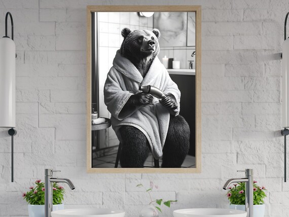 Black Bear in a Bathrobe Holding a Hair Dryer Bathroom Poster