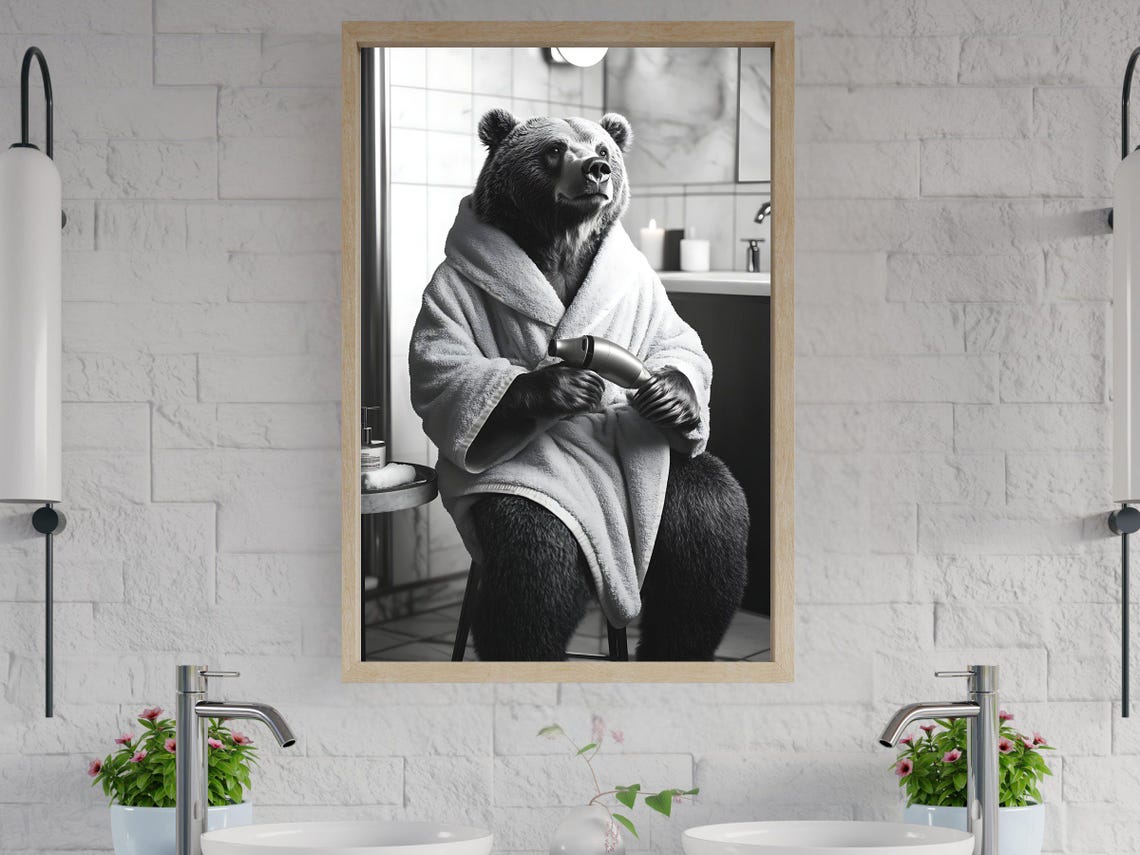 Black Bear in a Bathrobe Holding a Hair Dryer Bathroom Poster