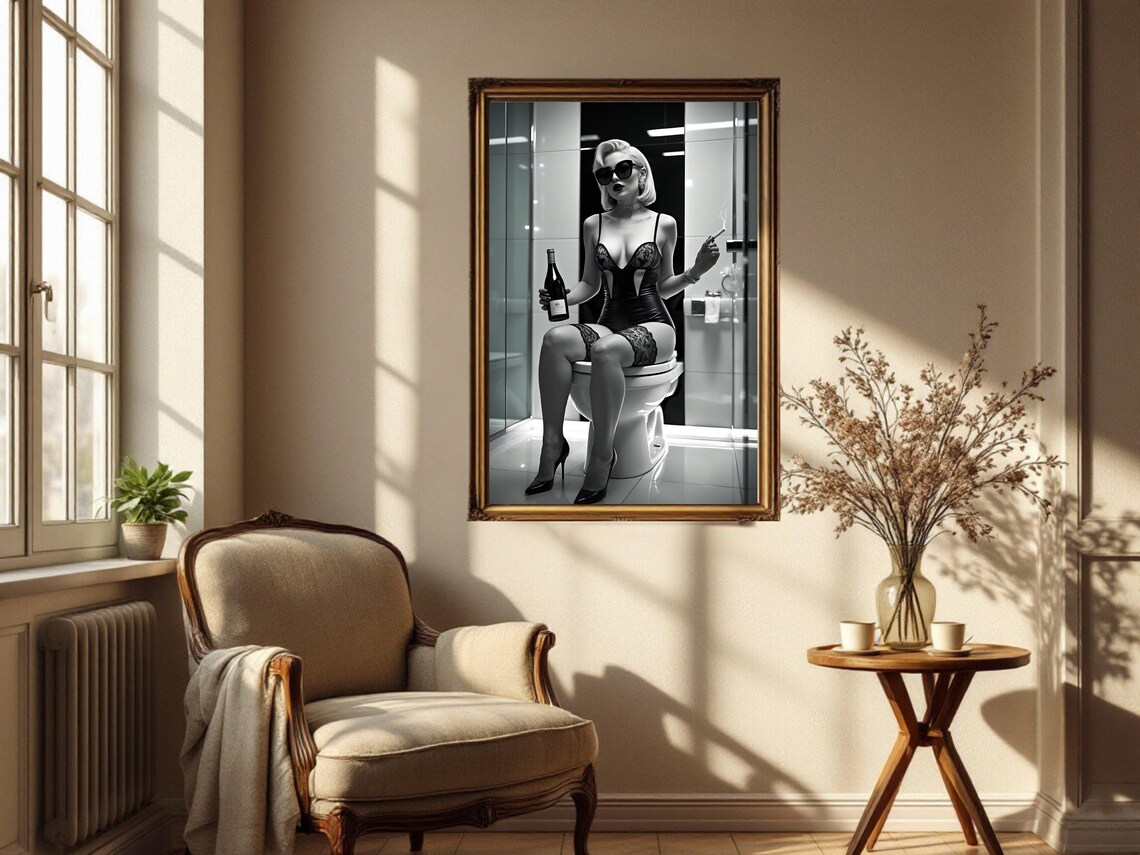 Woman in Lingerie Holding a Wine Bottle While Sitting on a Toilet Poster - Image 2