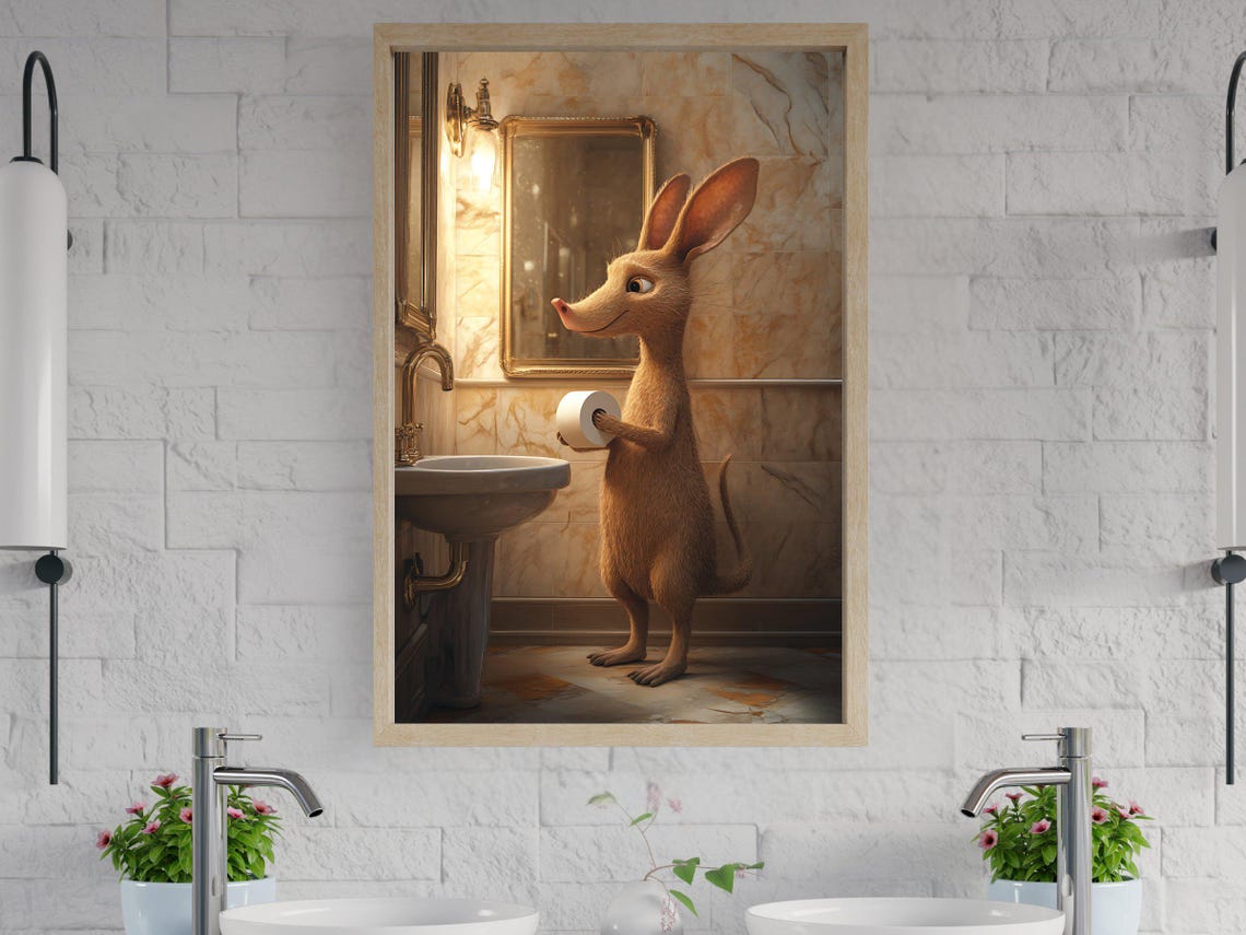Funny Kangaroo Holding Toilet Paper in Marble Bathroom Poster