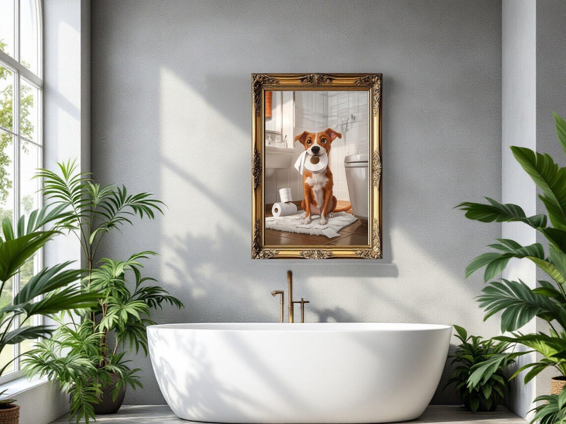 Adorable Dog With Toilet Paper In Mouth Funny Bathroom Animal Poster - Image 3