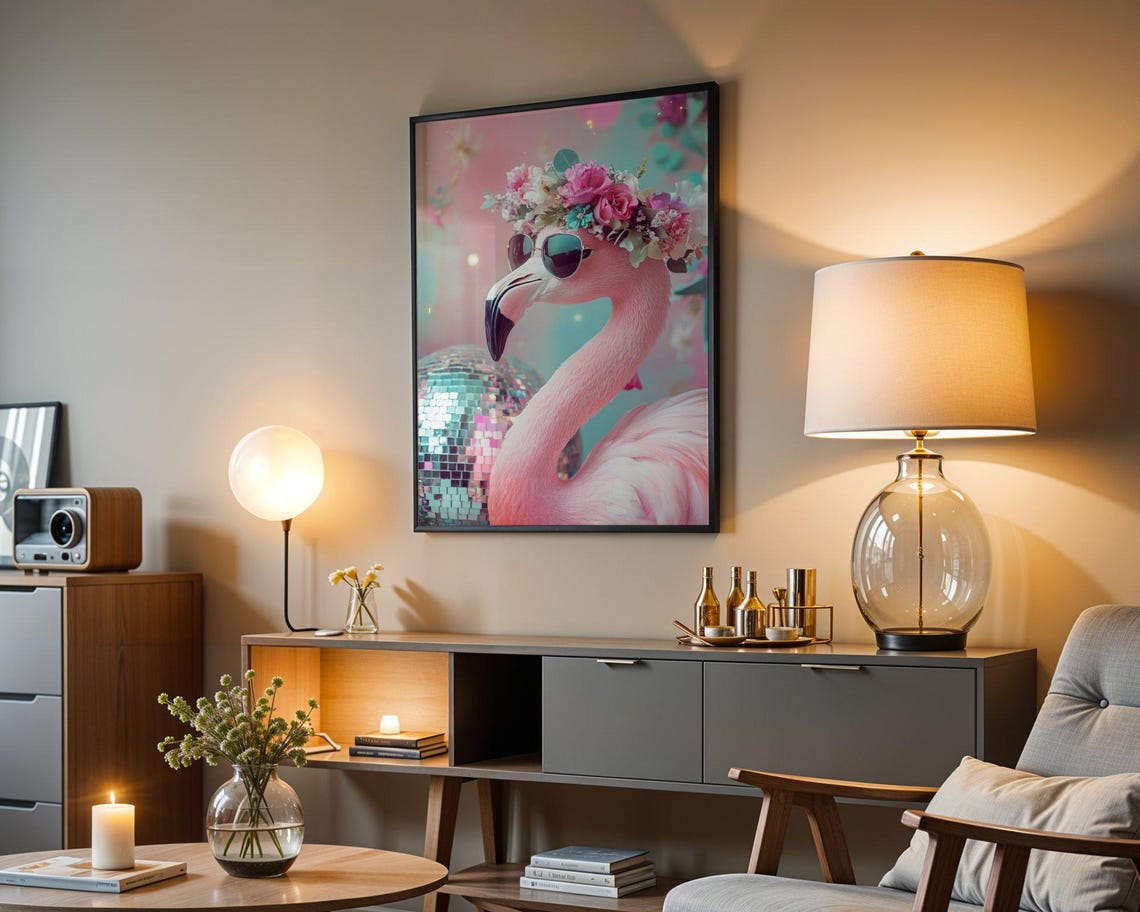 Flamingo with Sunglasses and Flower Crown by a Disco Ball Party Poster - Image 4