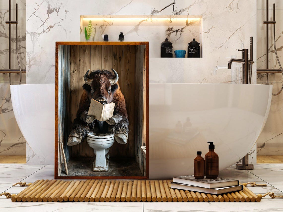 Bison Reading a Book on a Toilet in a Rustic Wooden Bathroom Poster - Image 5