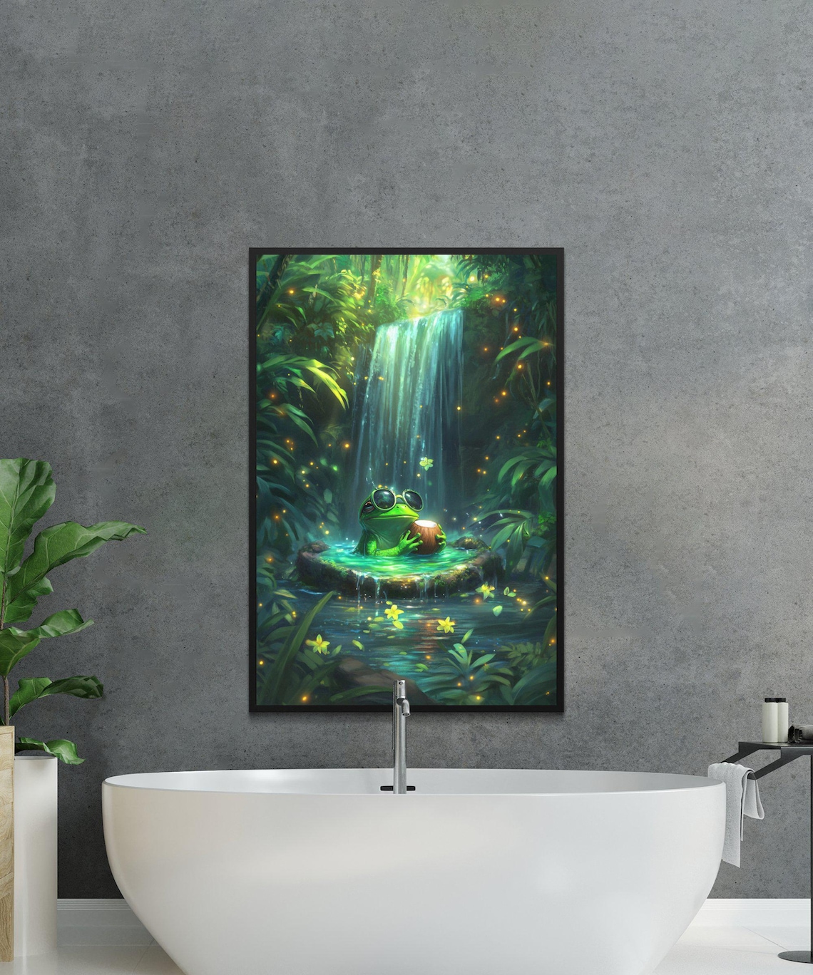 Cool Frog With Sunglasses Sipping Coconut Under A Jungle Waterfall Poster - Image 2