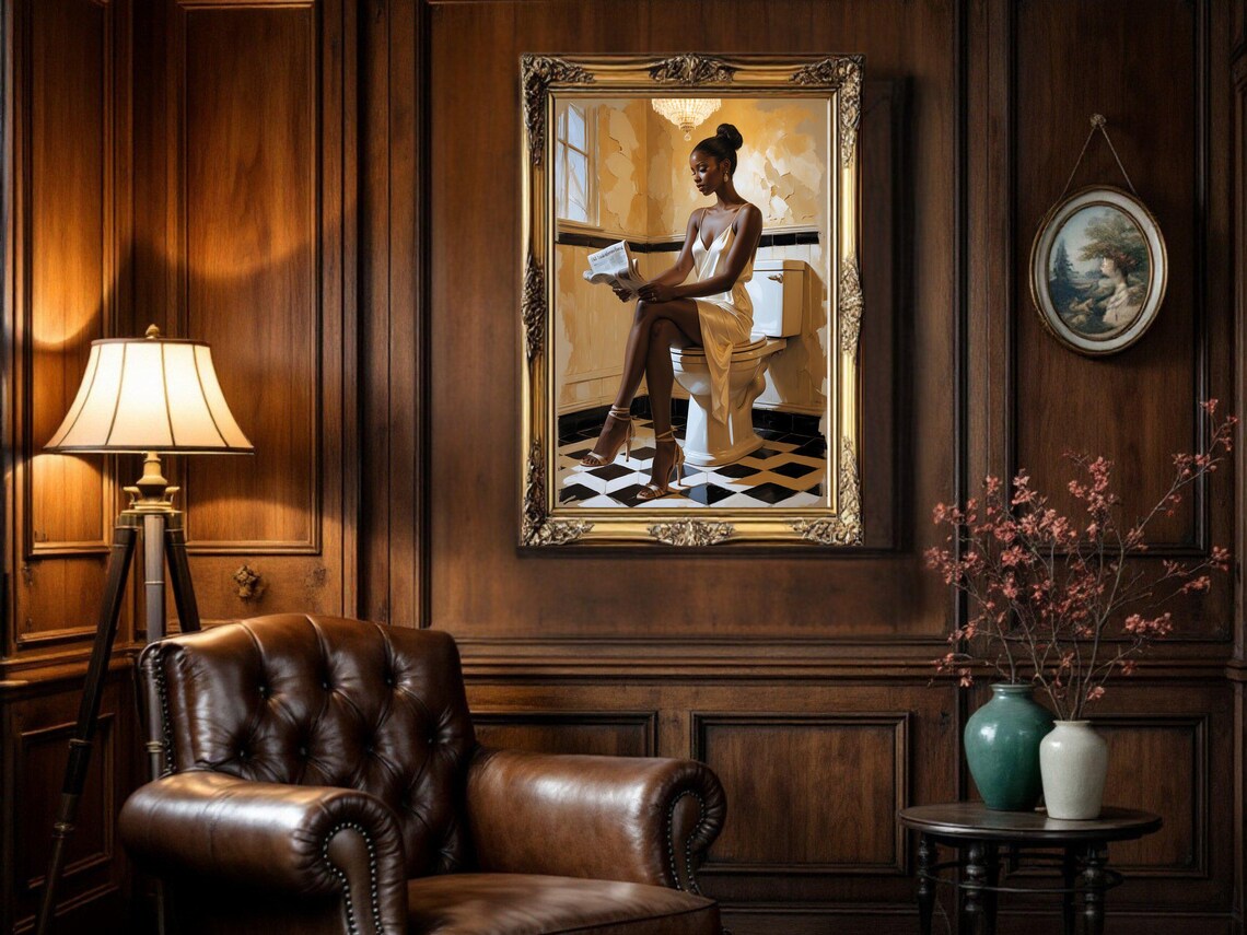 Elegant Woman Reading Newspaper on Toilet, Chic Bathroom Poster - Image 5