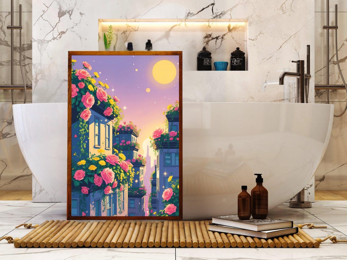 Dreamy Rose Covered City Sunset Skyline Fantasy Urban Art Print - Image 5