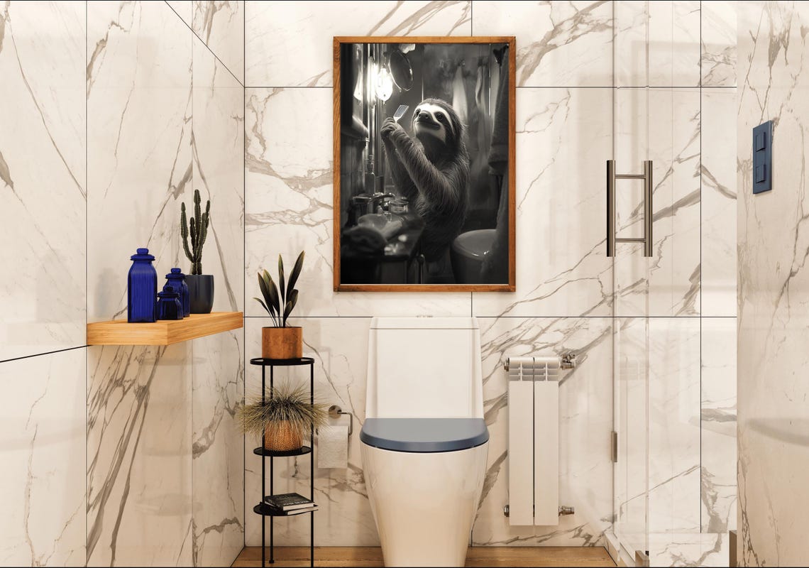 Sloth Brushing Its Teeth in a Vintage Bathroom Black and White Poster - Image 4