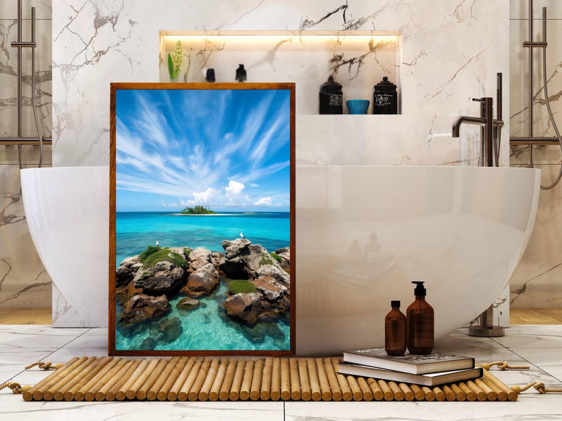 Rocky Shore With Crystal Water and Distant Green Island Poster - Image 2