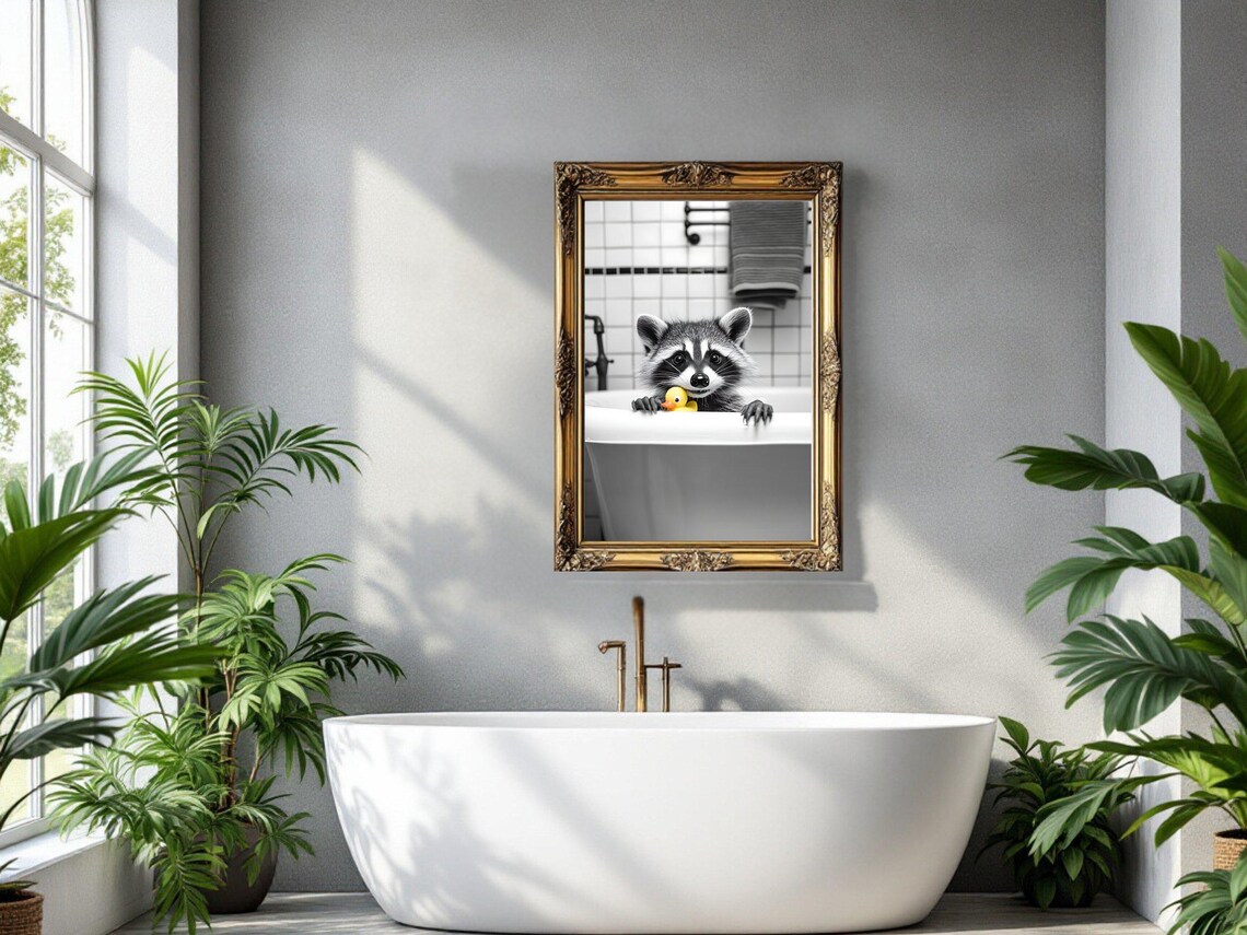Adorable Baby Raccoon Peeking Over the Bathtub With a Rubber Duck Poster - Image 3
