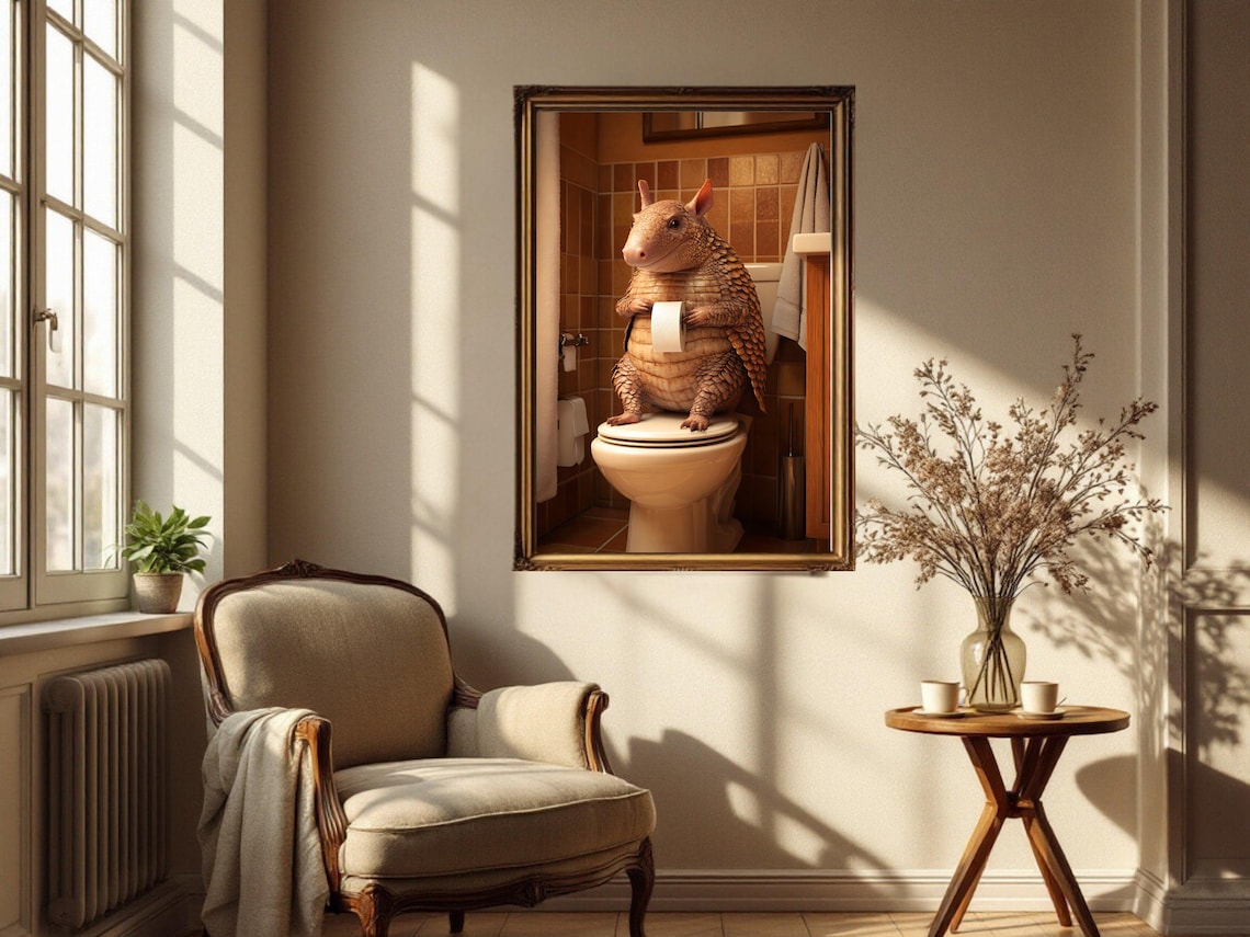 Armadillo Sitting On Toilet Holding Toilet Paper Funny Animal Poster - Image 4
