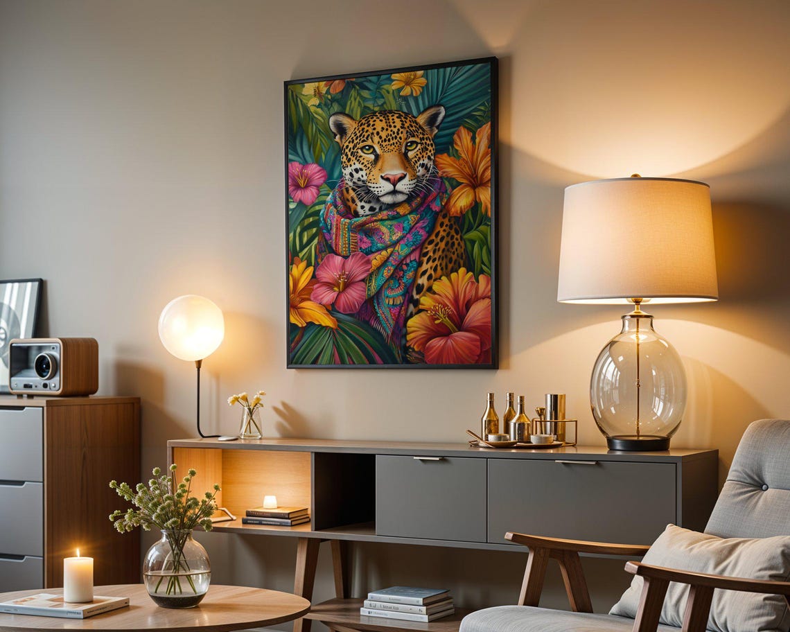 Colorful Leopard In A Bohemian Scarf Among Tropical Flowers Poster - Image 4