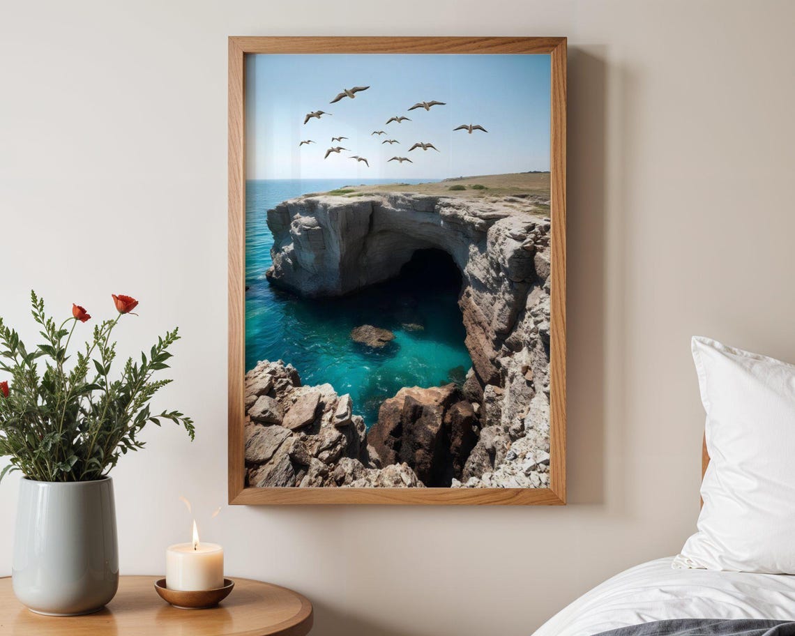 Sea Cave Natural Rock Arch Over Turquoise Water With Seagulls Poster