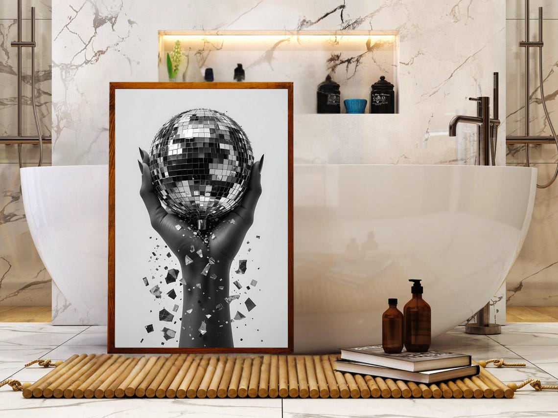 Modern Black And White Disco Ball Wall Art Unique Hand Holding Disco Ball Print Abstract Geometric Wall Decor Contemporary Art Print - Image 4