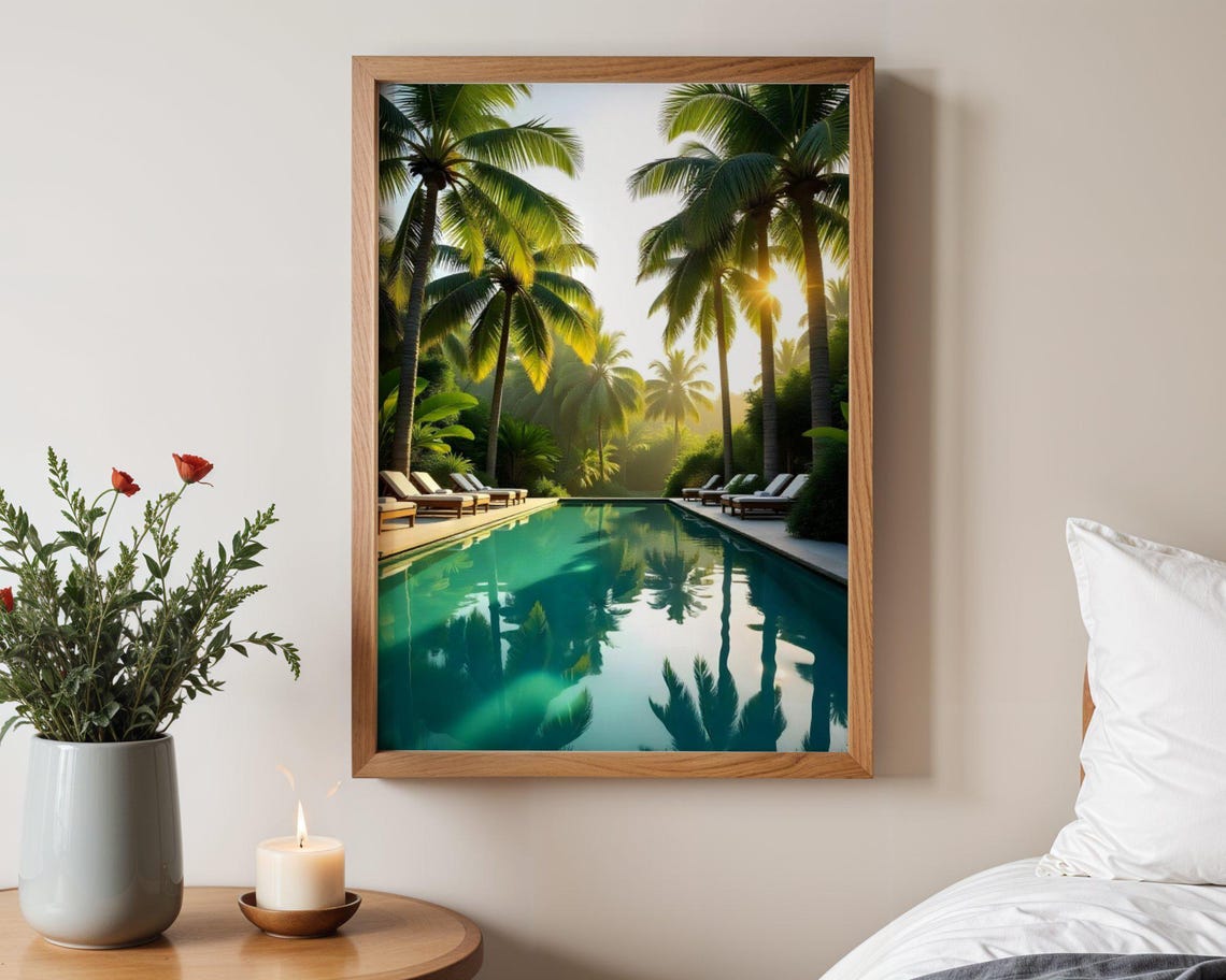 Tropical Resort Pool With Palm Trees Reflecting Sunrise Poster