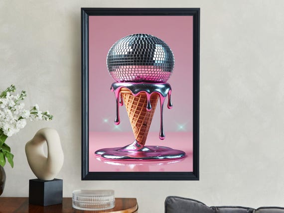 Disco Ball Ice Cream Cone Wall Art Fun Pastel Art Print Unique Ice Cream Decor Modern Art Poster 3d Ice Cream Print