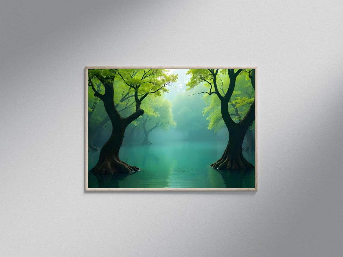 Misty Emerald Forest with Trees Standing in Still Green Water Poster