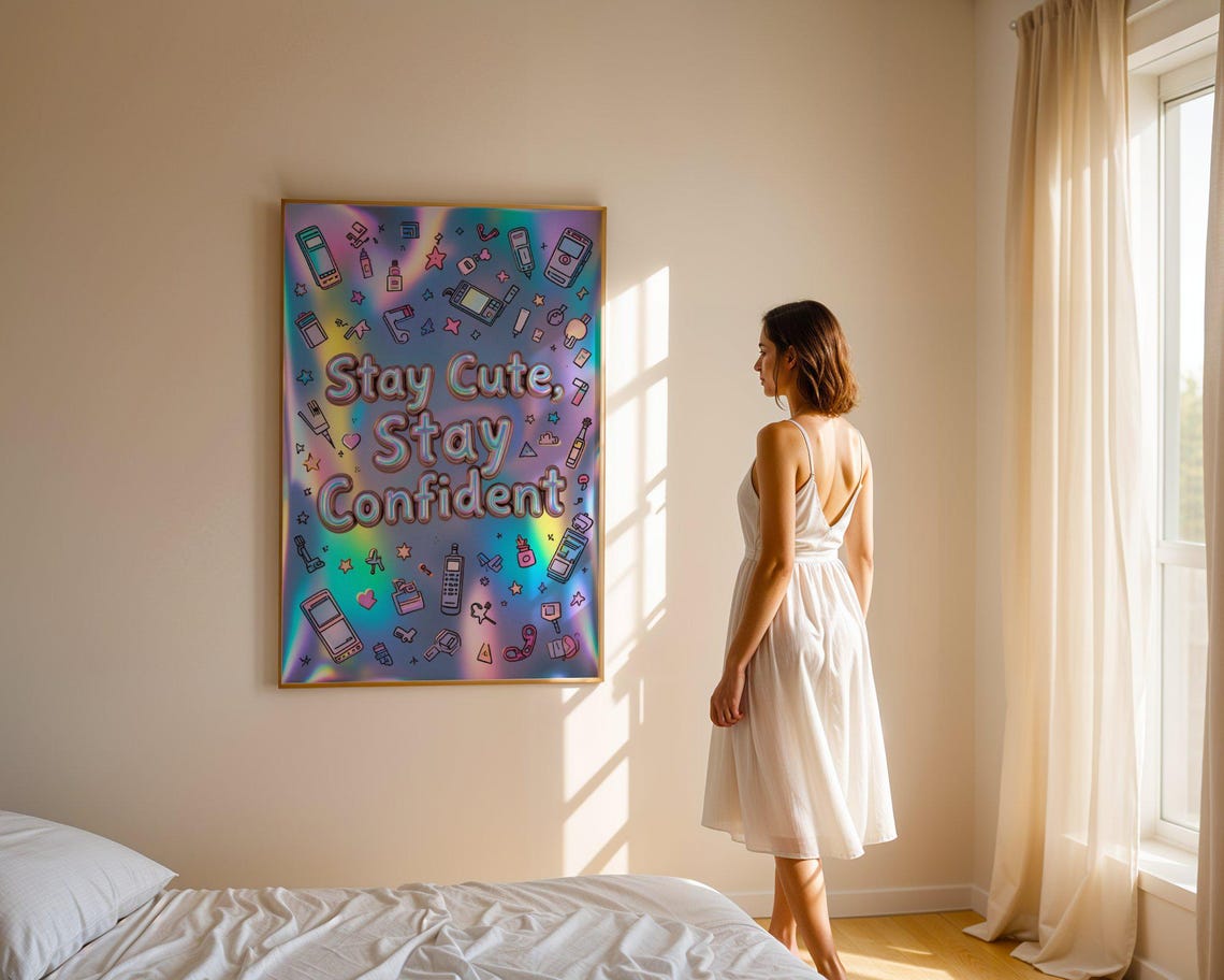 Stay Cute Stay Confident Holographic Retro Gadget Doodle Quote Poster - Image 5