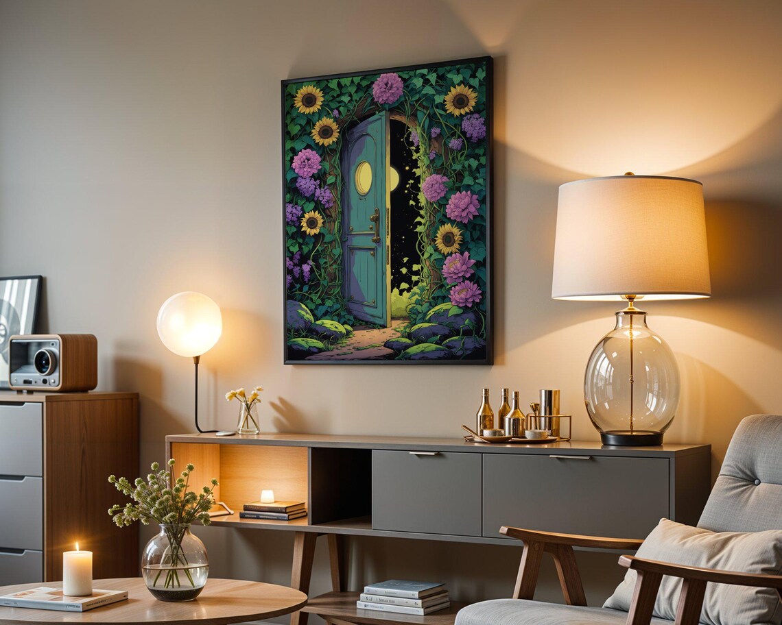 Teal Garden Door Night Portal Moonlit Stars Flower Art Print - Image 3