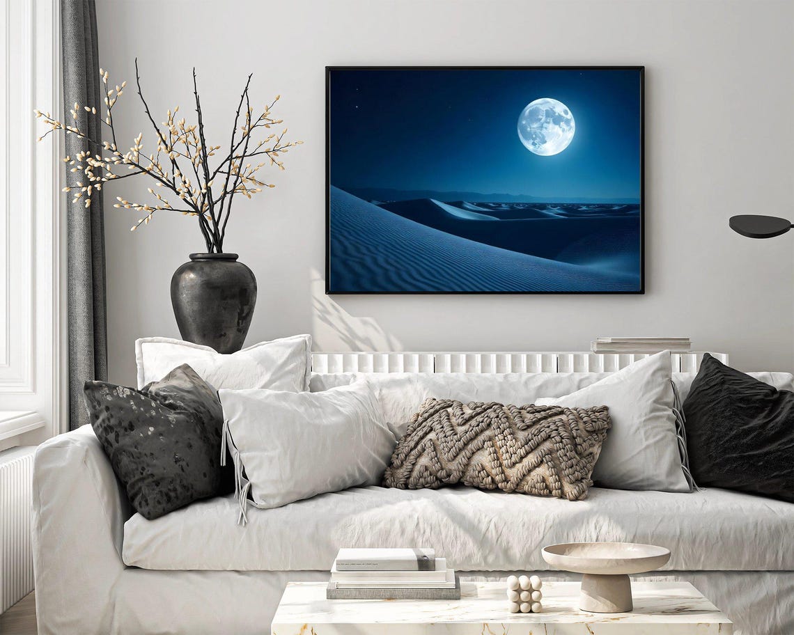 Mystical Full Moon Over Desert Dunes Wall Art Tranquil Blue Night Sky Scene Celestial Lunar Landscape Print Home Decor - Image 4