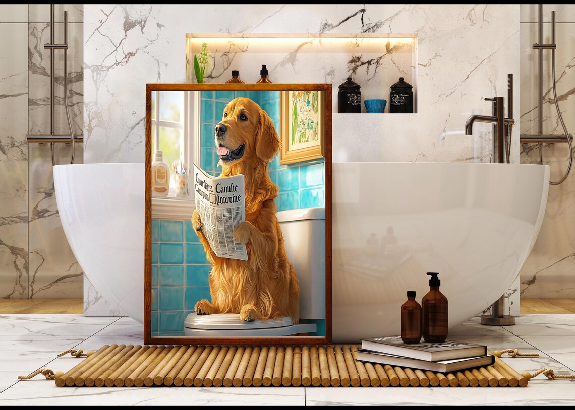 Golden Retriever Reading Newspaper On Toilet Turquoise Bathroom Poster - Image 5